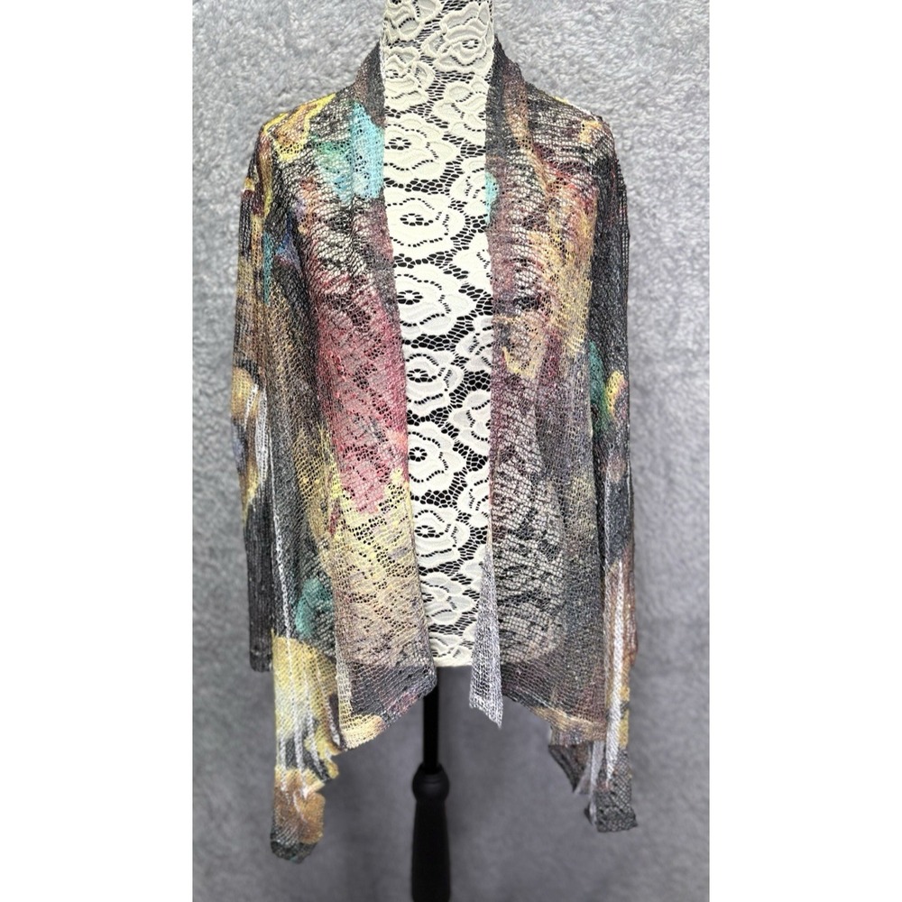 Jess & Jane Cardigan Womens XL Floral Multicolor Mesh Open Lagenlook Boho Sequin